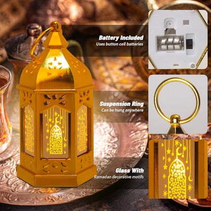 Venforze 12pcs Gold Ramadan Lantern Lights, Ramadan Decorations, Mini EID Mubarak Candle Lanterns，Ramadan Decorations for Home, Table, wall رمضان للزينة ومصباح رمضان للزينة