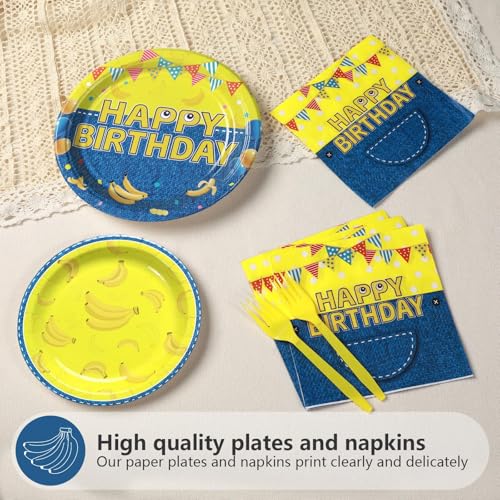 Grencian 96Pcs Yellow Cartoon Birthday Party Decorations Yellow Cartoon Paper Plates and Napkins Banana Theme Disposable Tableware for Banana Theme Birthday Decorations Serves 24 - style: Yellow Cowboy Birthday