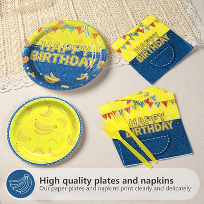 Grencian 96Pcs Yellow Cartoon Birthday Party Decorations Yellow Cartoon Paper Plates and Napkins Banana Theme Disposable Tableware for Banana Theme Birthday Decorations Serves 24 - style: Yellow Cowboy Birthday
