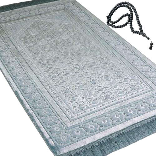 Modefa Velvet Prayer Rug - Soft Plush Turkish Janamaz Sajada Carpet for Men and Women - Plain Solid Prayer Mat Ramadan Eid Gift - with Prayer Beads - Luxury Floral Stamp (Light Blue) - color: Light Blue