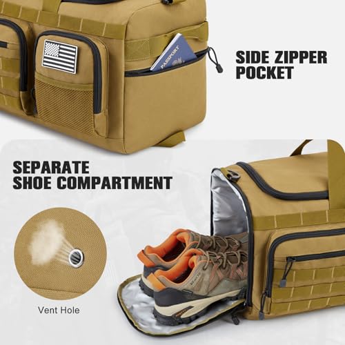 G4Free 3-in-1 Duffle Bag Travel Gym Sports, Large Tactical Duffel Backpack | 50L/65L with Shoes Compartment and Wet Pocket, Military Workout Bag for Men and Women, Khaki - color: Khaki