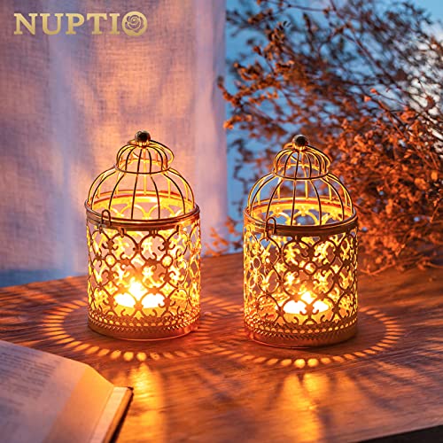 NUPTIO Hanging Birdcage Lantern Tealight, 2 Pcs Small Gold Candle Holders - color: Gold, size: 2Pcs