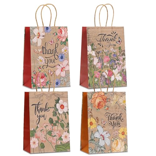 piqiya 24pcs Vintage Floral Gift Bags,Thank You Kraft Paper Bags with Handles for Friend Teacher Mom,Colorful Flower Pattern Bag for Gifting,Birthday,Gratitude,Party Goody Treat Bag - color: Vintage Floral