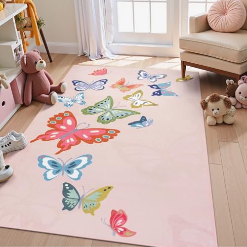 STARUIA Washable Pink Rugs for Girls Bedroom, 3x5 Soft Butterfly Rug Kids Rugs for Playroom Nursery, Non Slip Kids Carpet for Kids Room Daycare Tent Dorm Castle Indoor Decor - color: Pink2, size: 3x5