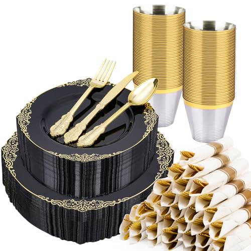 Realluck 350 Piece Black and Gold Dinnerware Set for 50 Guests - color: Black