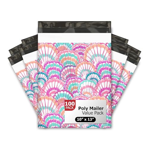 10x13 (100) Summer Seashell Summer Designer Poly Mailers Waterproof Self Sealing Tear Resistant Polymailers Shipping Envelopes Premium Printed Bags For Small Businesses - color: Seashells, size: 10x13