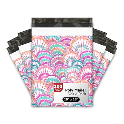 10x13 (100) Summer Seashell Summer Designer Poly Mailers Waterproof Self Sealing Tear Resistant Polymailers Shipping Envelopes Premium Printed Bags For Small Businesses - color: Seashells, size: 10x13