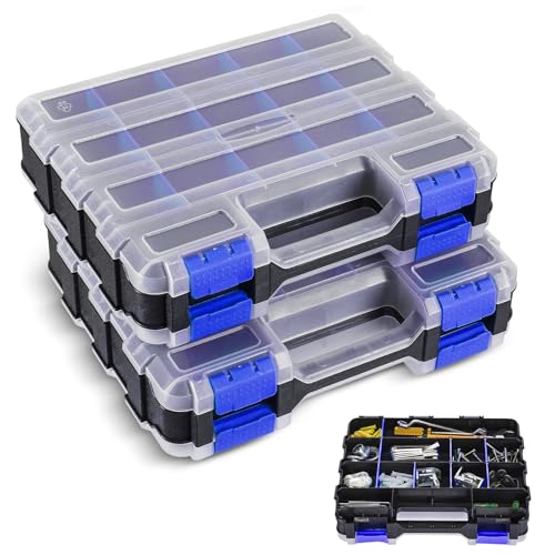 NATGAI 2 Pack Small Parts Organizers, 34-Compartments Double-Sided Tool Box | with Removable Dividers for Hardware, Screws, Bolts, Nails & Fishing Accessories, Durable Plastic Storage Case (Blue) - color: Blue