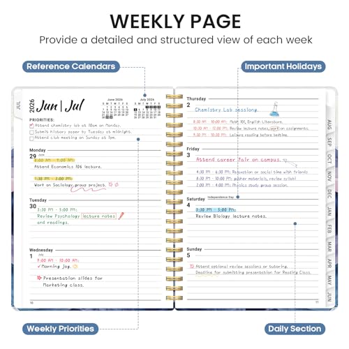 Planner 2026-2027, Academic Monthly and Weekly Calendar Planner for Women, July 2026 - June 2027, Hardcover Pretty Agenda Planner Book with Tabs, Spiral Daily Organizer for School Office Home Supplies, 6.3" x 8.5" - Distant Peaks - color: F-Distant Peaks,