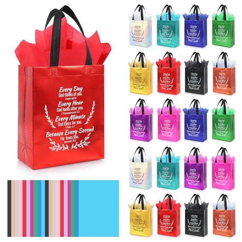 LUAVIARU 80 Pcs Bible Verse Christian Gift Bags Set – 40 Colorful Reusable Gift Bag with Handles & 40 Tissue Paper, Religious Gift Bag for Church Events, Baptism, Easter, Communion, Congratulations - color: A-Multicolor, size: 40