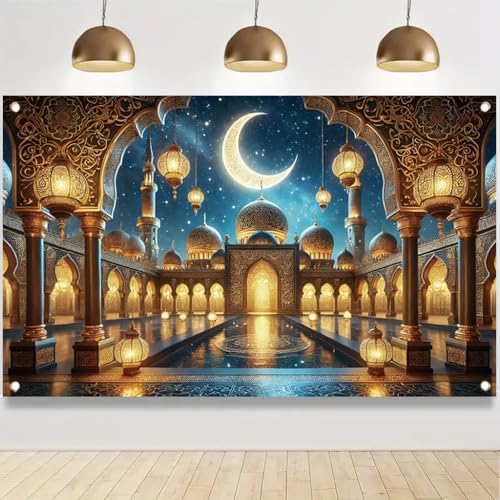 Ramadan Mosque 71x43 Inch Banner Crescent Moon Lantern lslamic Night Decor for EidMubarak Festival Prayer Outdoor Indoor Celebration Decoration - color: Gold, Black, Blue