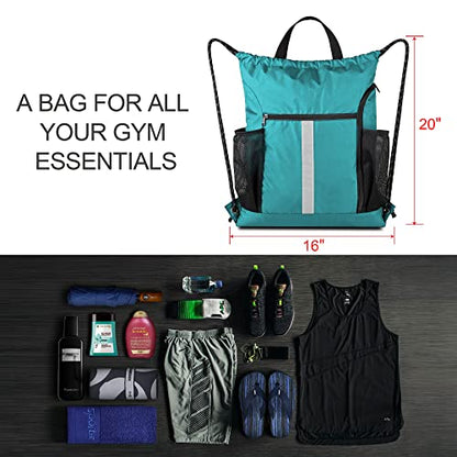 BeeGreen Teal String Backpack Bag Cinch Sack with Shoe Compartment and Two Zipper Pockets and Two Side Mesh Pockets Lightweight Large Drawstring Gym Sackpack for Men and Women - color: Teal, style: Drawstring With Shoe Compartment