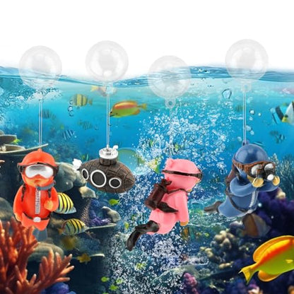 4pcs Floating Fish Tank Decoration - Floating Little Diver & Retro Submarin | Cute Underwater Dver Ornament,Aquarium Decoration Ornaments,Playmate for Tank Suitable for All Kinds of Fish and Tanks