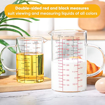 High Borosilicate Glass Measuring Cup with Handle, [Double-Sided Measuring Scale, V-Shaped Spout, Insulated handle], Glass Measuring Cup with Three Scales (OZ, Cup, ML) for Liquid (500 ML) - size: 2 Cup (500 ml)