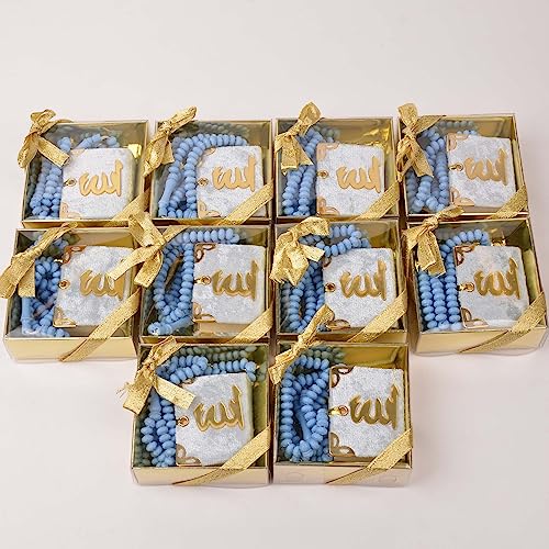 BABY SHOWER CHOCOLATE Set of 10 Islam Quran Tasbeeh Islamic Set | Holy Quran Prayer Beads Gift Box Favor (Blue) - color: Blue