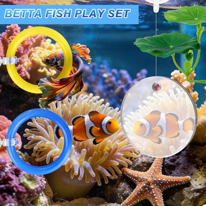 6 Pcs Betta Fish Toys, 4 Betta Rings, 1 Aquatic Plant & 1 Training Mirror, Betta Enrichment Toys for Betta Tank, Aquarium Interactive Play