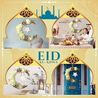 Lineshading Eid 라마단 무바라크 화환 라마단 장식, 집 앞문 이드 장식, 원형 금속 후프, 꽃무늬 벽걸이 화환, 벽 창문 실내 실외 농가 장식 - style: Fresh