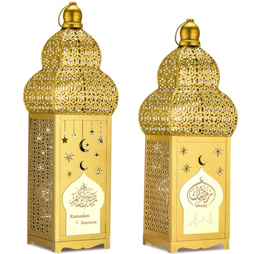 Honoson Eid Ramadan Lantern Large Golden Temple Moroccan Lantern Lamp Ramadan Decorations for Home, Hanging, Outdoor Patio or Indoor Home Decor, Gold, with LED String Lights(Elegant) - size: Elegant