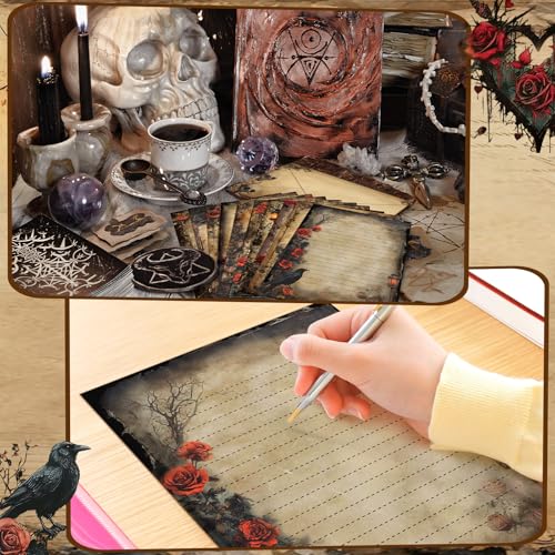 TaoBary 160 Pcs Stationery Paper Set 50 Double Sided Stationery Papers with 50 Matching Envelopes and 60 Round Dot Sticker, 10 Design(Gothic Style,8.5 x 11 Inch) - size: 8.5 x 11 Inch, style: Gothic Style