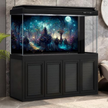 Fairy Tale Eden Aquarium Background Fantasy Trees Various Flowers Fish Tank Background Misty Night Sparking Stars Moon Terrarium Backgrounds Stunning Flowers Scene Reptile Tank Backgrounds 24x16in - color: Purple_Blue, size: 24(W)x16(H)in