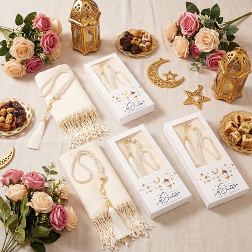 Mepase 4 Sets Eid Ramadan Gifts for Women Islamic Muslim Prayer Gifts Include Soft Hijabs Scarf Shawl Muslim Tasbih Prayer Beads ANG Boxesramadan Eid Al-fitr Hajj Mubarak Wedding Party Favord(Beige)
