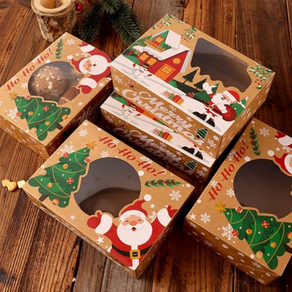 24 Pack Christmas Cookie Boxes - 8.25"x6"x2.75" Brown Kraft Bakery Box with Window for Holiday Treats, Gift Exchange Box for Baked Goods, Cookie Tins with Lids for Gift Giving - color: Christmas-Brown
