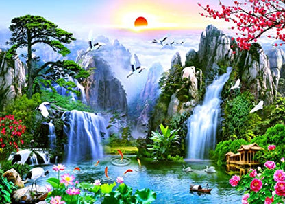 BELECO 15x8ft Fabric Fairyland Mountain Lake Photography Backdrop Waterfalls Swans Fish Flowers Dreamy Natural Landscape Painting Background Wall Murals Home Decor Kids Adults Portrait Photoshoot - size: 15x8FT