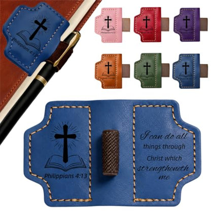 Magnetic Leather Bible Bookmark with Pen Holder, Philippians 4:13 Blue - color: Blue, size: Philippians 4:13