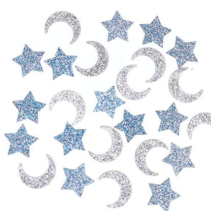Glittery Moon and Star Table Confetti for Baby Shower Kids Birthday Party Twinkle Twinkle Little Star Decorations - Paper Scatter - Blue and Silver