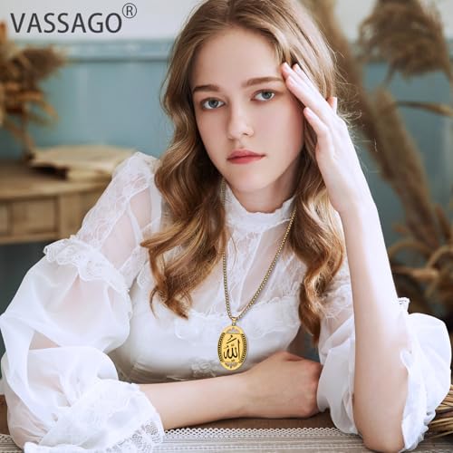 VASSAGO Allah Necklace for Women Men Stainless Steel Islamic Muslim Pendant Islam Religious Charm Jewelry Gift - color: Oval, Gold