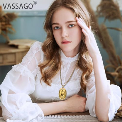 VASSAGO Allah Necklace for Women Men Stainless Steel Islamic Muslim Pendant Islam Religious Charm Jewelry Gift - color: Oval, Gold