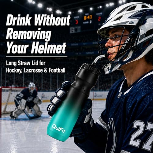 Lacrosse Water Bottle with Long Straw -32oz Hockey Water Bottle 2 Pack with 2 Lids Each- BPA Free Squeeze Sports Water Bottles, Leakproof Dishwasher Safe- for Helmet,Lacrosse (Black Blue+Black White) - color: Black Blue+Black White