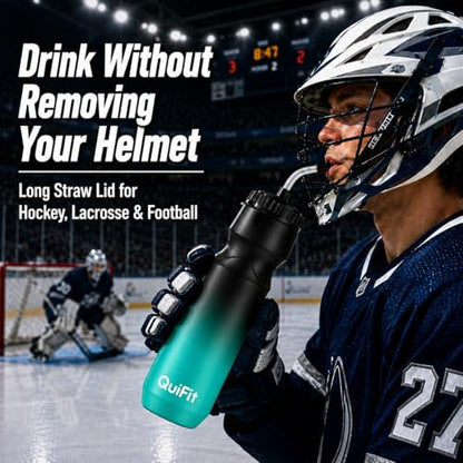 Lacrosse Water Bottle with Long Straw -32oz Hockey Water Bottle 2 Pack with 2 Lids Each- BPA Free Squeeze Sports Water Bottles, Leakproof Dishwasher Safe- for Helmet,Lacrosse (Black Blue+Black White) - color: Black Blue+Black White