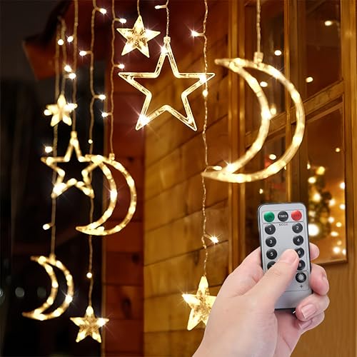 Moon and Stars Decor Curtain Lights, 11.5ft String Lights for Bedroom, Christmas, Ramadan Decor, Indoor LED Fairy Twinkle Light, Battery Operated or USB Plug-in (Warm Yellow + Remote) - color: Warm Yellow + Remote