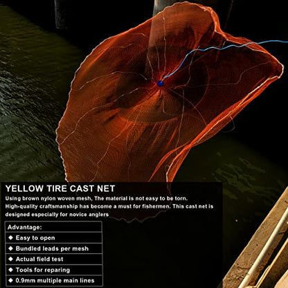 Saltwater American Fishing Cast Net 3/8inch Mesh Size for Bait Shrimp Trap Fish Heavy Duty Sinkers Throw Net 3FT/4FT/5FT/6FT/7FT/8FT/9FT/10FT Radius - color: yellow, size: 5FT Radius, style: Zinc-iron--tire Lines -3/8" Mesh 1lb/Ft