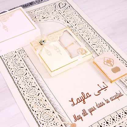 IEF Personalized Wedding Gifts Prayer Mat, Eid Gifts Quran Prayer Beads Set Birthday Gifts for Women Mother's Day Gifts Anniversary Gift Chenille Prayer Rug Pearl Prayer Beads Arabic Quran (Beige) - color: Beige