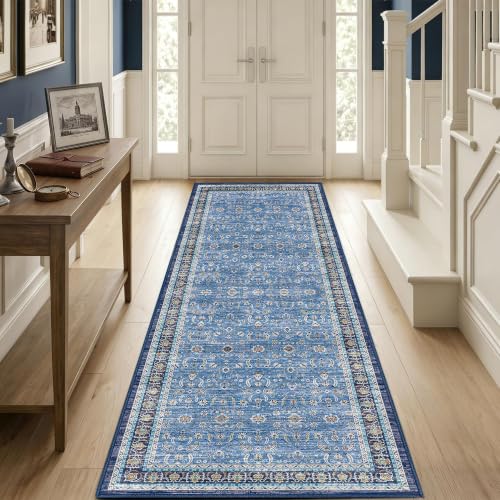 Blue Farmhouse Washable Runner Rug 2x6, Upgraded Non-Slip Area Rugs for Kitchen Hallway Bedroom, Vintage Distressed Floral Low Pile Floor Carpet for Laundry, Entryway Bathroom, Blue - color: Blue Multi, size: 2' x 6' (Runner)