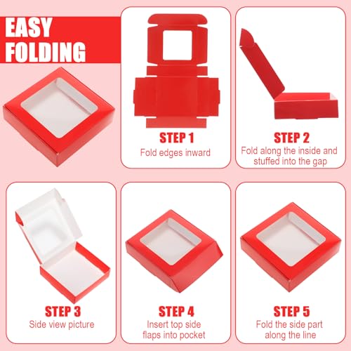 Zonon 30 Pcs Kraft Paper Boxes with Window 4.13 x 4.13 x 1.18 Inch Candy Packaging, Small Gift Boxes, Soap holder, Mini Treat Packaging for Bakery Chocolate Jewelry Display (Red) - color: Red