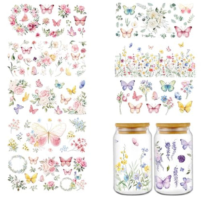Rngmsi 10 Sheets Spring Flower UV DTF Cup Wrap for 16oz UV DTF Stickers | Wildflower Butterfly Uvdtf Decals, Floral Rub on Transfers, for Glass Cups DIY Crafts, Waterproof, 9.45x4.33 in - style: Spring Flower