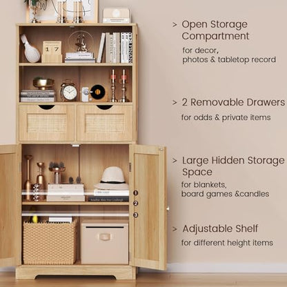 Iwell Tall Storage Cabinet, Rattan Cabinet with 2 Drawers & Adjustable Shelf, Kitchen Pantry Storage Cabient, Entryway Cabinet for Living Room, Dining Room, Home Office, Natural - color: Natural, 2 Drawers
