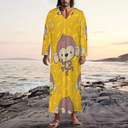 Banana And Monkeys Men's Kaftan Thobe Long Sleeve Robe V Neck Casual Gown - size: Medium