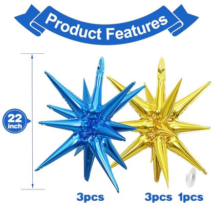 Blue Gold Star Balloons, 6PCS 22 Inch Foil Explosion Star Balloons - color: Dark Blue Gold