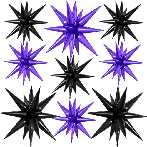 9Pcs Purple and Black Star Balloons, Large Spike Foil Balloons Party Decor - color: Black + Dark Purple