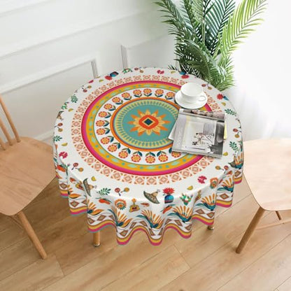 Mexican Floral Art Tablecloth Mexico Round Table Cover Washable Table Cloth for Home Kitchen Party Picnic 60 Inch - color: Mexican Floral Art