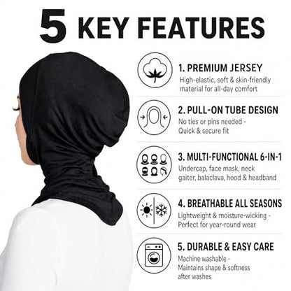 Yeieeo 4PCS Hijab Undercap for Women, No Slip Full Coverage Hijab Inner Cap, Soft Underscarf Breathable Headwear - color: Wt+bk+gy+ny