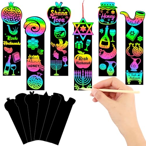 JUNEBRUSHS Rosh Hashanah Scratch Art Bookmarks 30 Pack Jewish New Year Scratch Cards Rosh Hashanah Crafts for Jewish Activities Rainbow DIY Gifts Party Supplies - style: Rosh Hashanah Style
