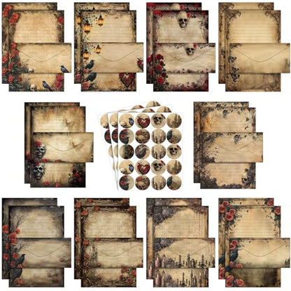TaoBary 160 Pcs Stationery Paper Set 50 Double Sided Stationery Papers with 50 Matching Envelopes and 60 Round Dot Sticker, 10 Design(Gothic Style,8.5 x 11 Inch) - size: 8.5 x 11 Inch, style: Gothic Style