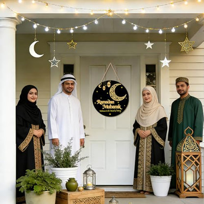 Ramadan Decoration Wooden Ramadan Mubarak Wreath for Front Door Sign Eid Mubarak Wreath Hanging for Islamic Home Wall Decor Eid Decorations