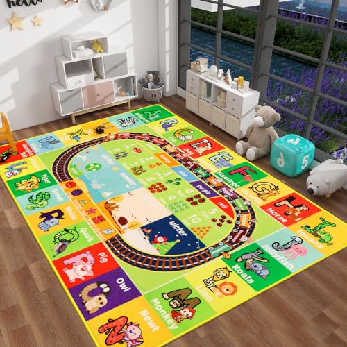 ABC Kids Rug for Playroom 78.7" × 118" Play Mat Alphabet Rug Animal Number Shape Classroom Kids Playroom Early Learning Carpet for Educational Learning & Game Area Preschool - color: Abc Animals, size: 78.7 × 118 inches (Rectangular)