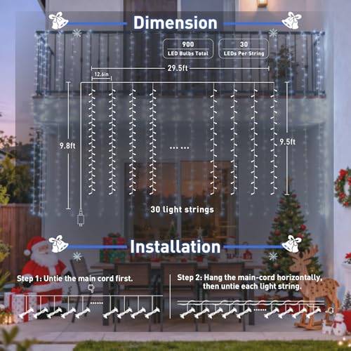 JMEXSUSS 900LED Curtain Lights, White Christmas Lights, 9.5x29.5ft - color: White, size: 900 LED